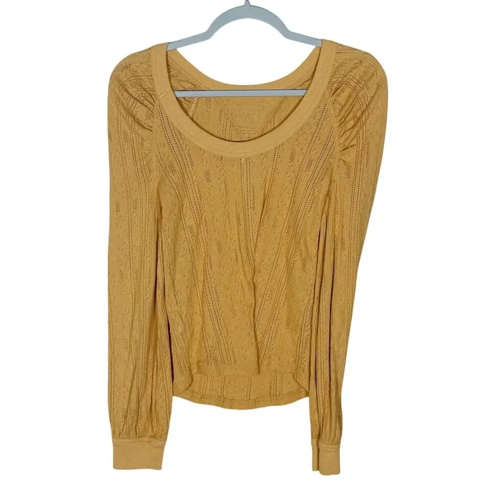 Free People Ella Puff Sleeve Pointelle Knit Top Mustard Yellow Size Small